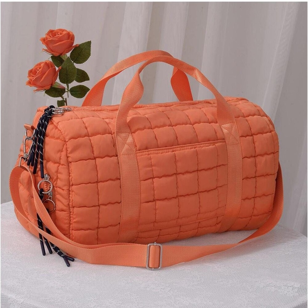 ORANGE Quilted Puffer Weekender Bag, Travel Duffel Tote